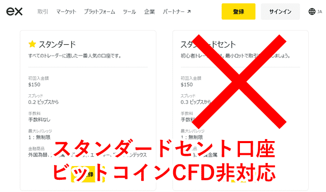 ExnessビットコインFX入出金 スタンダードセント口座非対応
