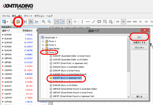 XMウェブトレーダー MT4通貨表示