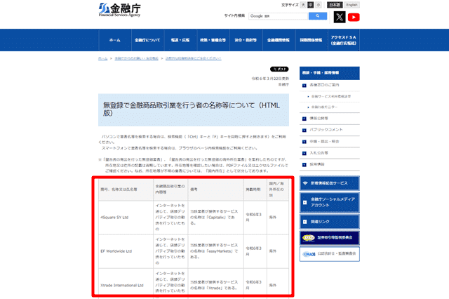 海外FX違法性 金融庁未登録業者一覧ページ